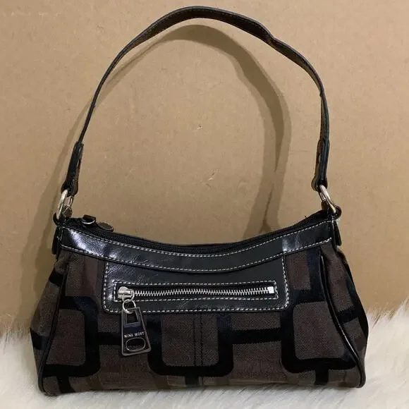 NINE WEST Vintage Y2K Dark Brown & Black Logo Pattern Canvas Hobo Shoulder Bag - Picture 1 of 10